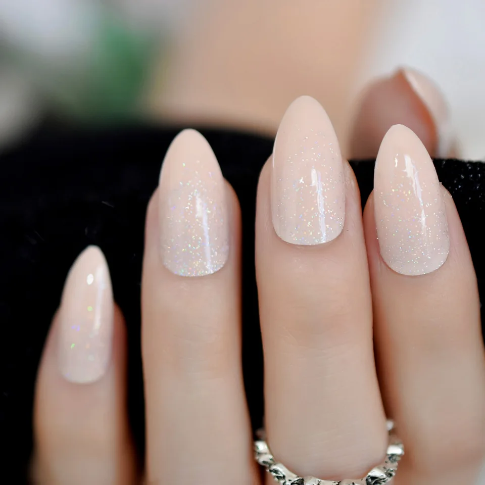 Glitter Nude Color Unique Nail Art Tips Rainbow Holo Powder Nail