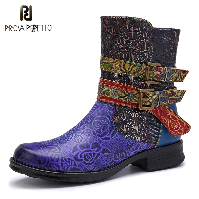 

Prova Perfetto Patchwork Women Strap Buckle Ankle Boots Ethnic Bohemian Purple Short Boots Zipper Casual Women Booties 2019 New