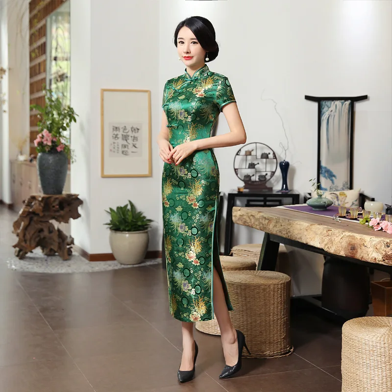 

New Summer Green Rayon Cheongsam Vintage High Quality Chinese Ladies' Qipao Silm Short Sleeve Novelty Long Dress XXXL C0136-C