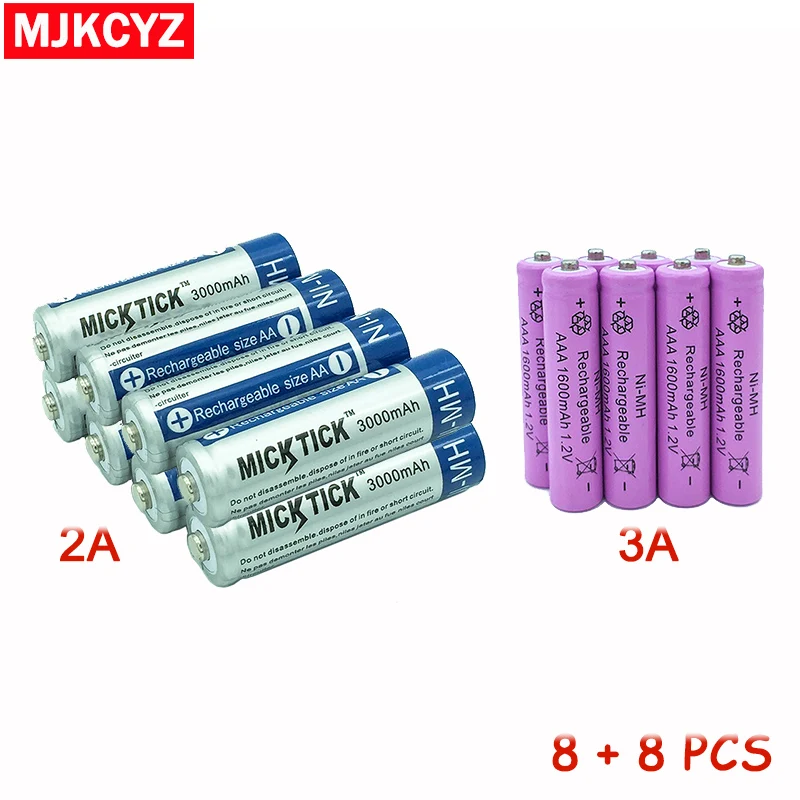 8 шт. AA 3000mah MICKTICK аккумуляторная батарея + AAA 1600mah Ni-MH 1 2 V 3A фонарик батареи |