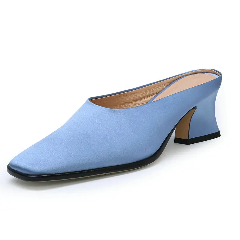 

Women luxury Genuine Leather mules high heels Summer Shoes Woman Fashion comfort wedding party Slippers Blue