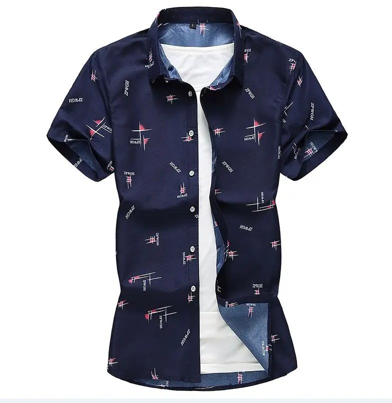 MOGU новые летние мужские шорты рукав рубашки с принтом дышащая Slim Fit рубашки Гавайское Повседневное человек блузка Азиатский Размеры большой 7XL - Цвет: Тёмно-синий