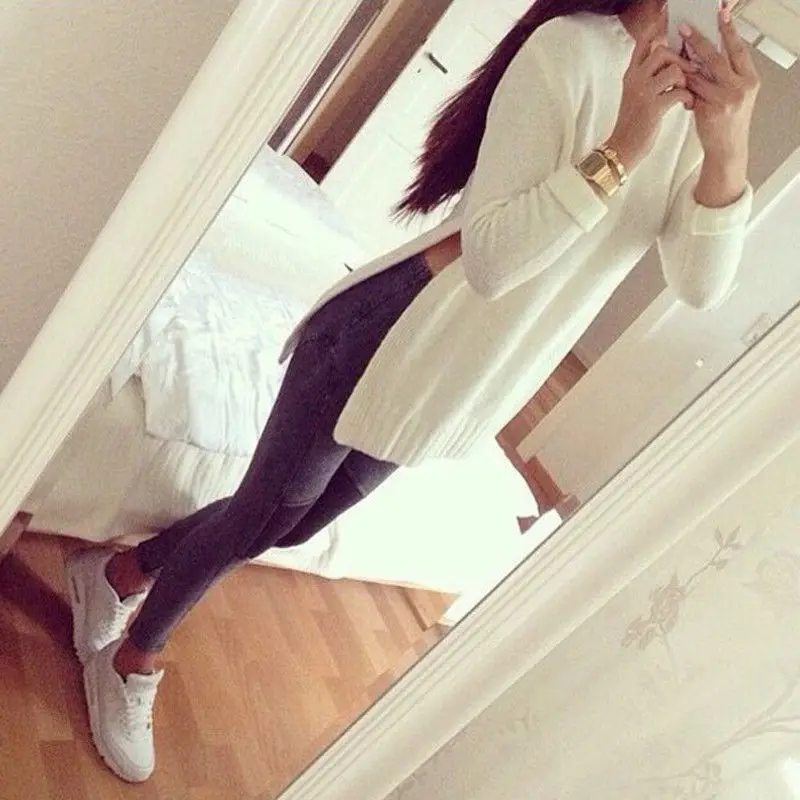 

2016 Spring Autumn Winter White Knit Long Sleeve Side Slit Pullover Sweater Women Loose Casual Long Style Sweater Plus Size S-XL