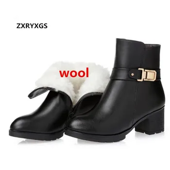 

Head layer cowhide wool winter shoes women boots snow boots 2019 large size thick heel shoes woman leather boots ankle boots