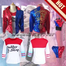 Comando suicida Harley Quinn payaso cosplay femenino bordado chaqueta de la capa conjunto uniforme (chaqueta, camisa, pantalón, guante)