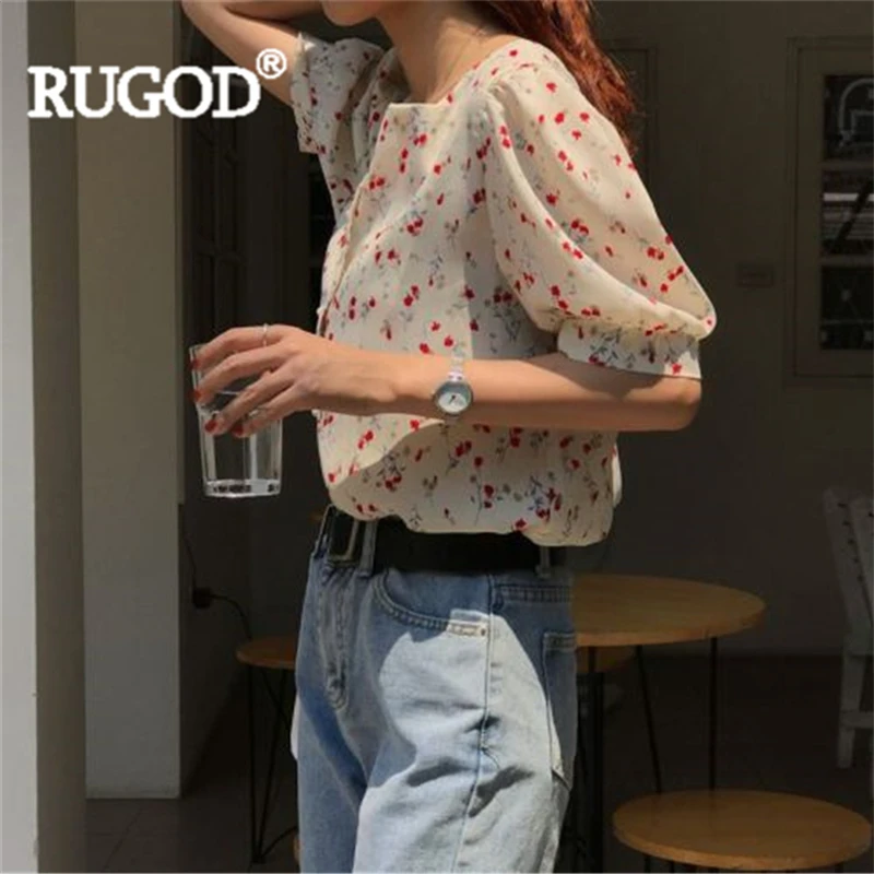 

RUGOD Blouse women 2019 new summer fashion female elegant sweet print square collar puff sleeve button short shirt gentle girl