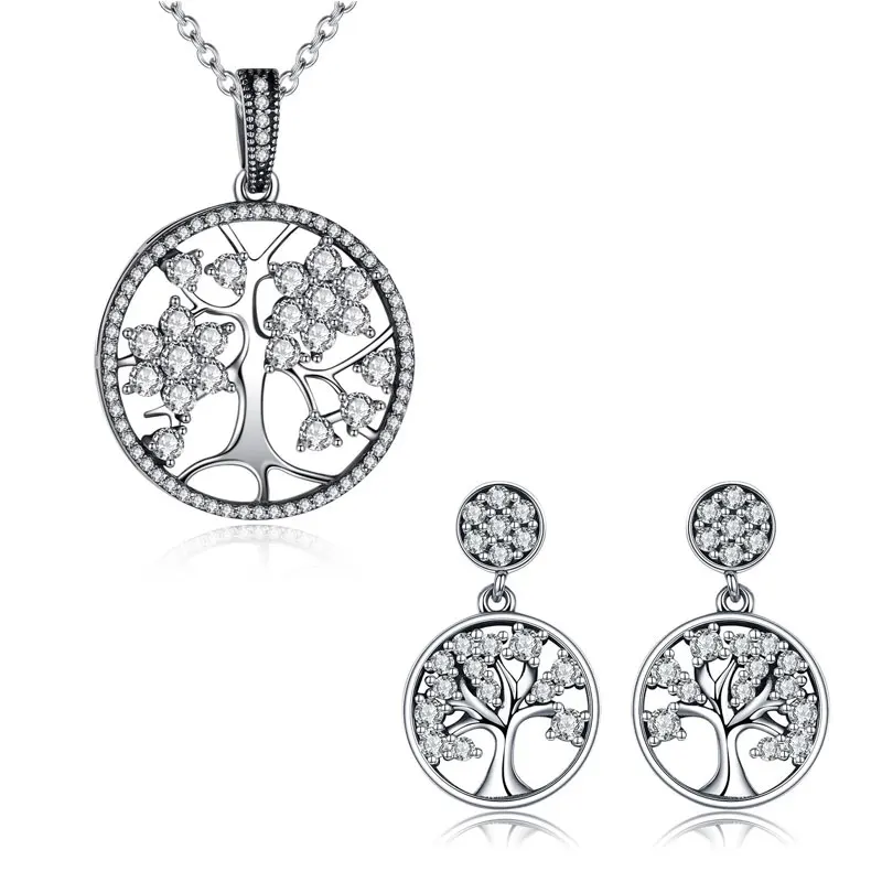 

WOSTU Hot Sale Authentic 925 Sterling Silver Clear CZ Tree of Life Hope Necklace & Earrings for Women Luminous Jewelry Set Gift