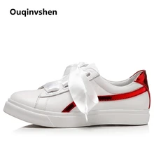 Ouqinvshen Повседневное красный Для женщин обувь на плоской подошве с бантом-бабочкой Повседневное на платформе женская обувь из натуральной кожи круглый носок туфли повседневная обувь
