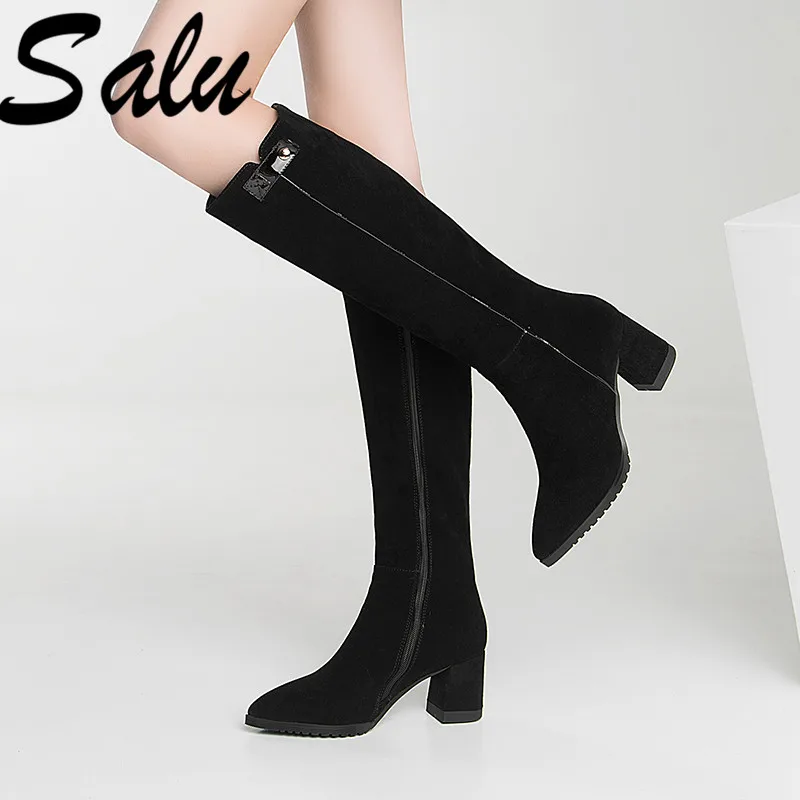

Salu Winter Autumn Knee High Boots Women Genuine Leather Square Heels Round Toe Zipper Comfortable Shoes Woman Size 42 43