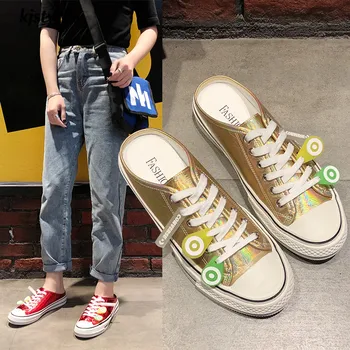 

2019 new shoes woman gold silver red shiny cloth sneaker Women slipper low heels comfortable lace up casual zapatillas mujer