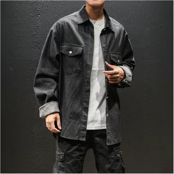 

2018 Autumn New Men's Temperament Long-sleeved Lapel Personality Youth Fashion Casual Solid Color Cotton Loose Denim Shirt
