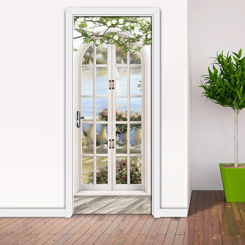 Billige 3D Tür Aufkleber Europäischen Stil Bogen Wandbild Kunst Tapete Poster Tür Aufkleber PVC Selbst Klebe Abnehmbaren Hause Tür Abziehbilder