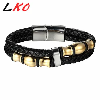 

LKO Classical Double Layer Handmade Leather Chain Weaved Man Bracelets Fashion New Magnet Clasp Stainless Steel Wristband