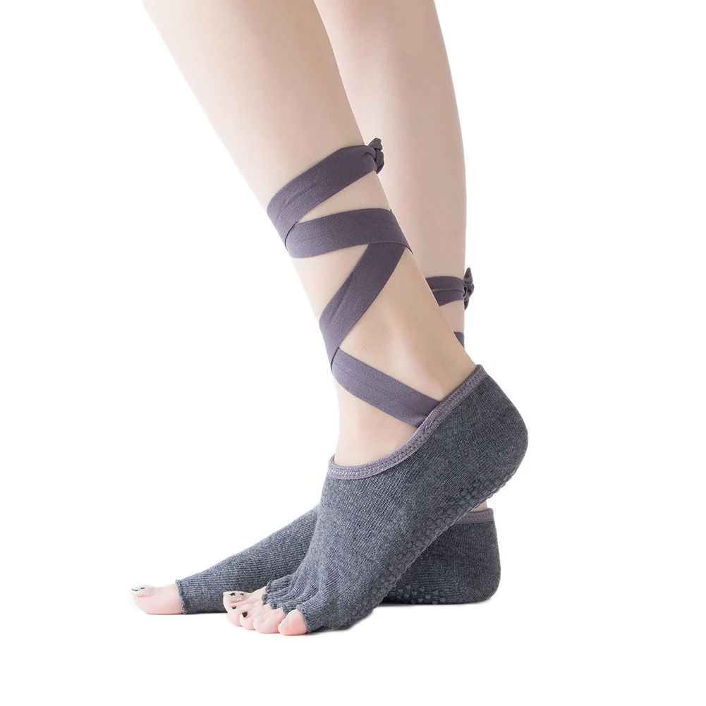 1 пара носков для йоги, женские спортивные носки для йоги, 5 упражнений, массажные хлопковые носки для пилатеса и балета, быстросохнущие нескользящие носки - Цвет: Темно-серый