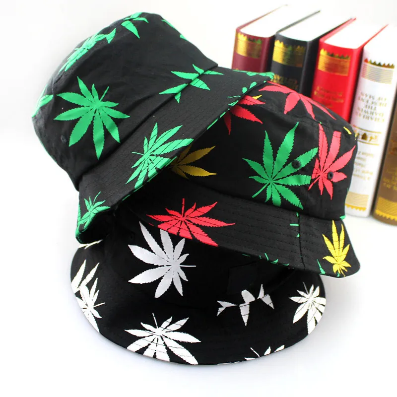 Image Free Shipping 2015 New Fashion Hip Hop Green White Leaf Print Fishing Caps Weed Bucket Hats For Mens