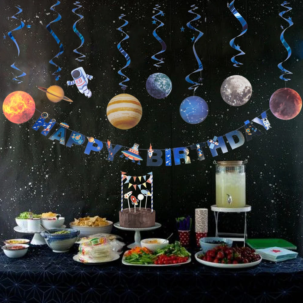 Космическая тема Детские декорации с днем рождения Баннер Висячие завитки торт топперы для дня рождения принадлежности