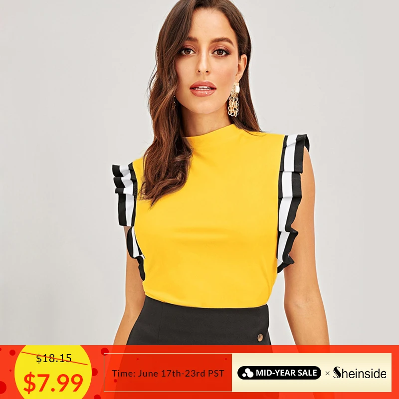 Download Sheinside Yellow T shirt Women Summer Top Mock Neck ...
