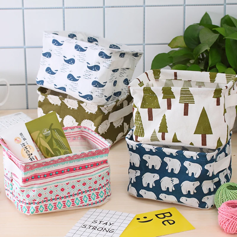 

Desktop Storage Basket Cute Printing Waterproof Organizer Cotton Linen Sundries Storage Box Cabinet Underwear Storage Bag