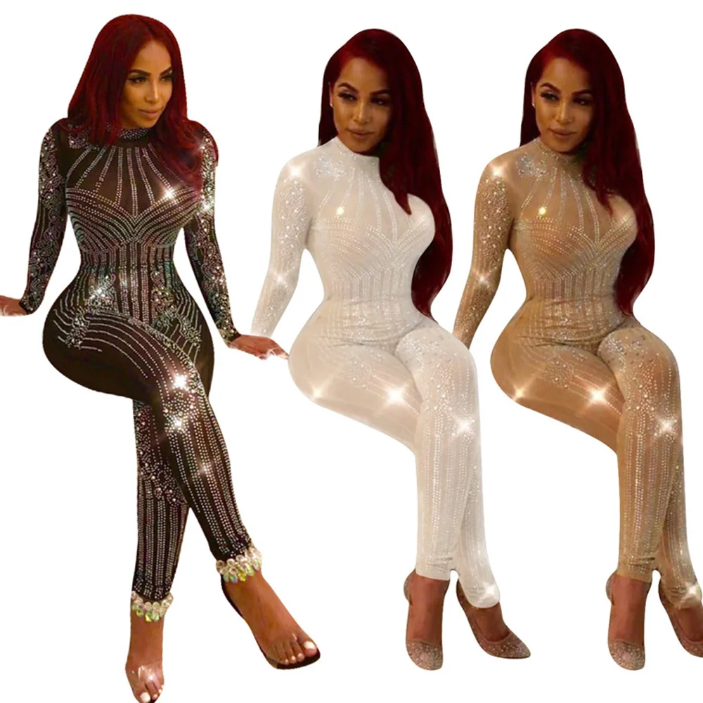 Black Rhinestone Sparkly Jumpsuit Women Turtleneck Long Sleeve Mesh Romper Sexy Sheer Birthday Nightclub Bodycon Party Overalls