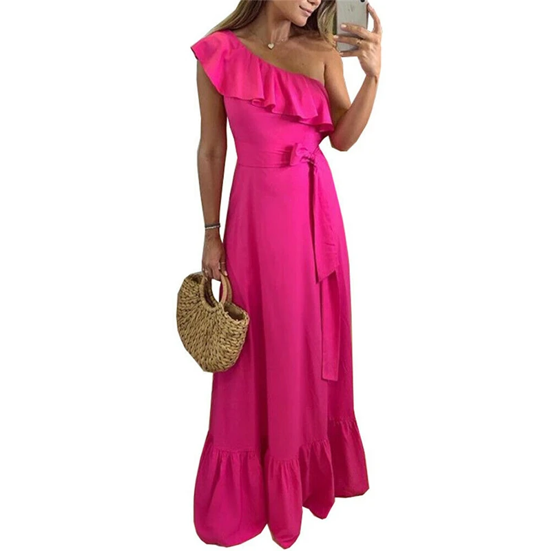 

Women Summer Dress Boho Party Evening Beach Dresses Long Maxi Dress Solid Color Sundress Bow Ruffle Off Shoulder Ladies Dresses