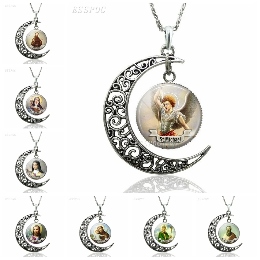 St Michael Crescent Moon ожерелье религиозный Saint стеклянный кабошон для кулона Модные