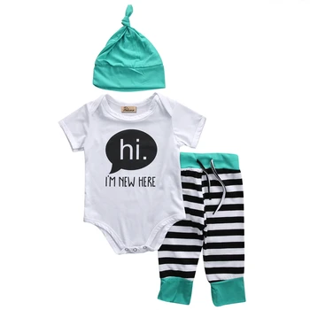 

Emmababy Newborn Baby Boy Girl clothes sets Cotton hi I am new here Outfit Srtiped Leggings Jumpsuit 0-18 Months Clothing Set