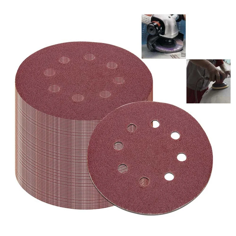 

50Pcs 5 Inch 125Mm Round Sandpaper Eight Hole Disk Sand Sheets Grit 40/60/80/120/240 Hook And Loop Sanding Disc Polish