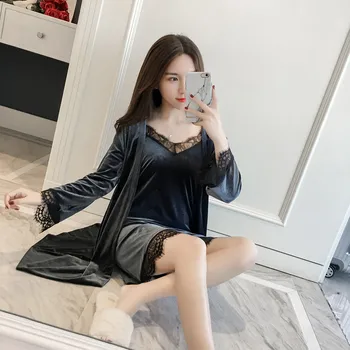 

Two Piece Female Sexy Pajamas Set Autumn Winter stripe velvet Robe Sling Pajamas Long Sleeved Pants Women Nightgown 4 Color