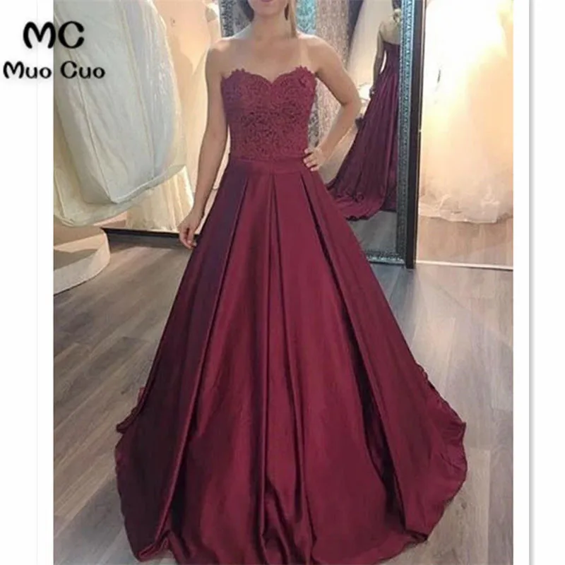 Burgundy Prom Dresses with Appliques Sweep Train Sweetheart A-Line Gown Lace Up Satin Formal Evening Party Dress for Women | Свадьбы и