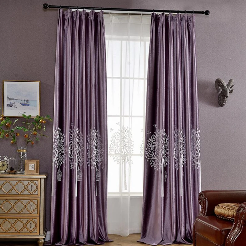 Фиолетовые бархатные плотные затемненные занавески для гостиной, с рисунком дерева, прозрачный тюль, необычный Зеленый Тюль, для обработки окна, для спальни, HC036-30