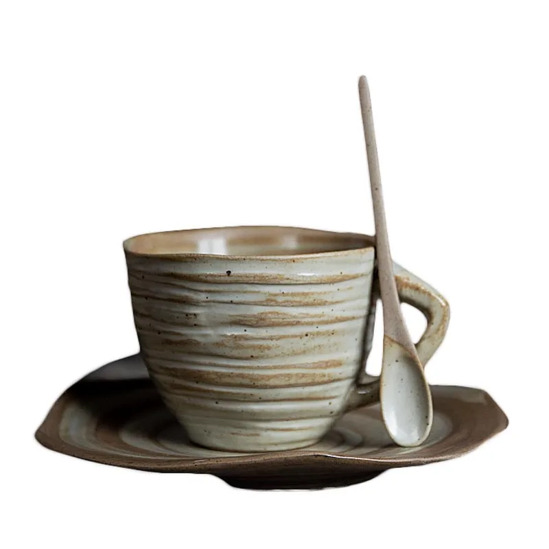 

280ml Japanese Style Handmade Coffee Cup with Saucer Spoon Set Vintage Ceramic Coarse Pottery Mug Creative Tea Water Drinkware