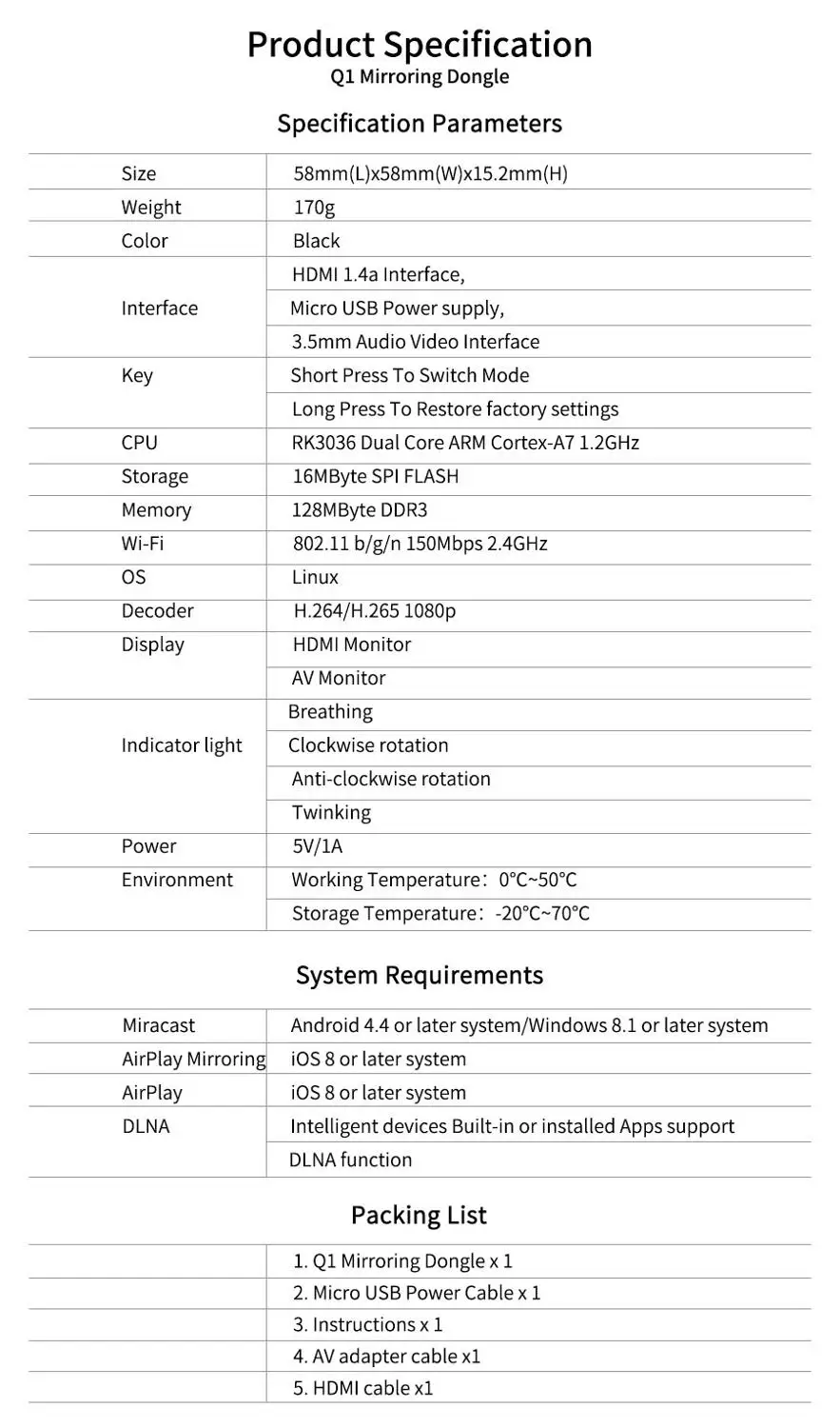 Q1 Mirroring Dongle OTA TV Stick Wifi ключ 1080p Media DLNA Miracast Airplay HDMI AV RCA выход видео стример дисплей ТВ