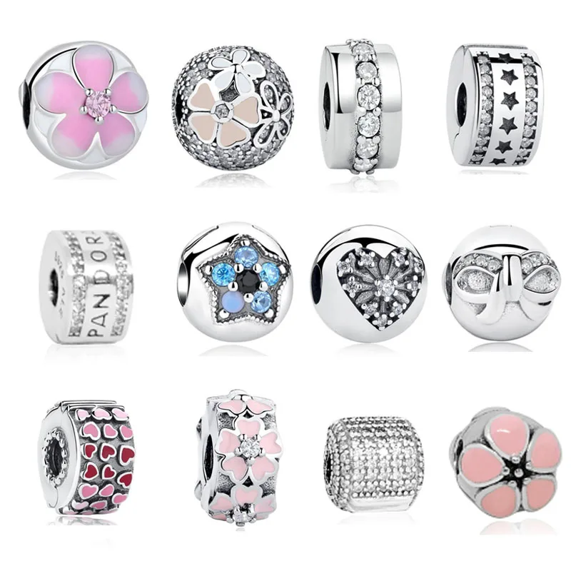 

925 sterling silver bead bracelet diy pink blue chrysanthemum buckle fixed buckle full five-pointed star bow Pandora DIY