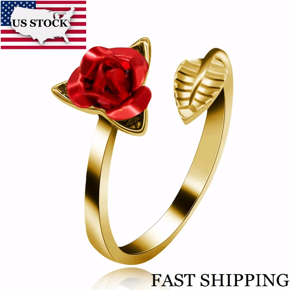 

US STOCK Uloveido Rose Flower Ring for Women, Wedding Engagement Jewlery, Silver Gold Color, Adjustable, Open Leaf Ring, y452