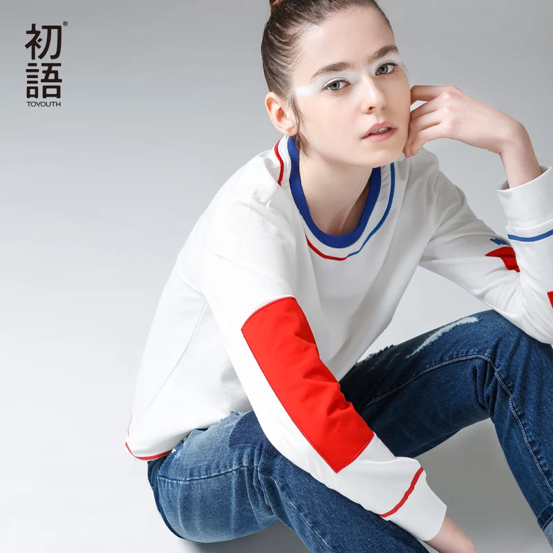 Toyouth Female T-shirt Hit Color Cotton Long Sleeve T Shirts Women Autumn Casual Round Neck Patchwork Tee Shirt Femme