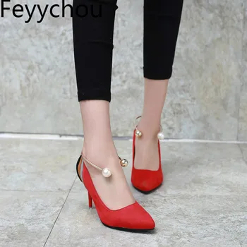 

Women Pumps Super High Heel Shoes Flock Spring Autumn Pearl Slip on Pointed Toe 2018 Sexy Fashion Casual Dress Wedding Black Red