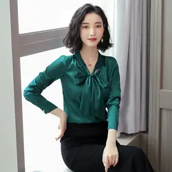 2018 новые модные Новинка осени стиль шифоновая рубашка с длинными рукавами шифон одноцветное с бантом блузка в Корейском стиле Атлас