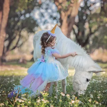 

Unicorn Girls Dress Fancy Costume Kids Dress Up Outfits Rainbow Layered Swallowtail Frock Baby Girl Birthday Party Princess Sets