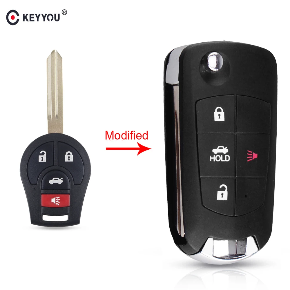 

KEYYOU Mdified 4 Buttons Uncut Blank Remote Flip Folding Key Shell Case Fob for Nissan Altima Maxima Sentra Versa