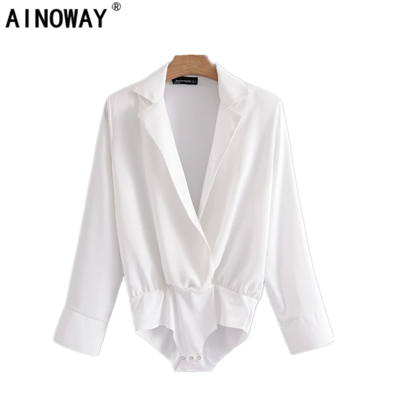 Kopen 2018 Lente Nieuwe Mode Vrouwen lange mouw Bodysuit shirt dames turn down kraag solid blouse Maat S, m, L