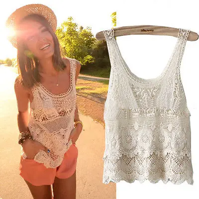 

Women Summer Hippie Bohemian Vintage Chic Top Crochet Lace Beige Sexy Tank Vest Top