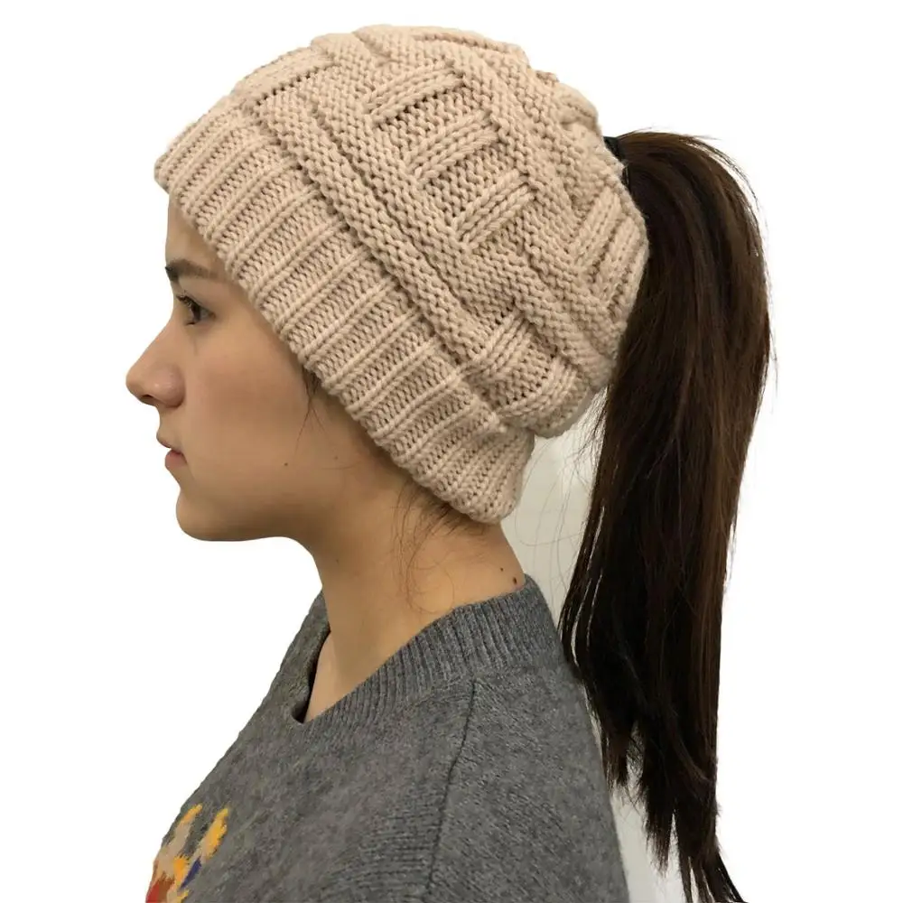 Fashion Ponytail Beanie Women Winter Hats Crochet Knitted Bamboo Ski Cap Skullies Beanies Warm Caps Female Stylish Hat Ladies - Цвет: solid beige