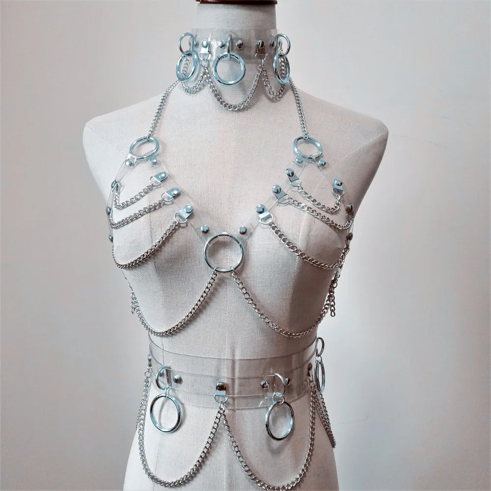 Женский прозрачный кожаный ремень с заклепками и цепочкой|belt sexy|body harnessharajuku bondage |