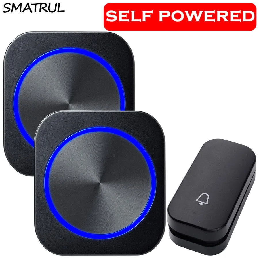 

SMATRUL self powered Waterproof Wireless Door Bell ring chime night light no battery EU plug DoorBell 1 button 1 2 Receiver 150M