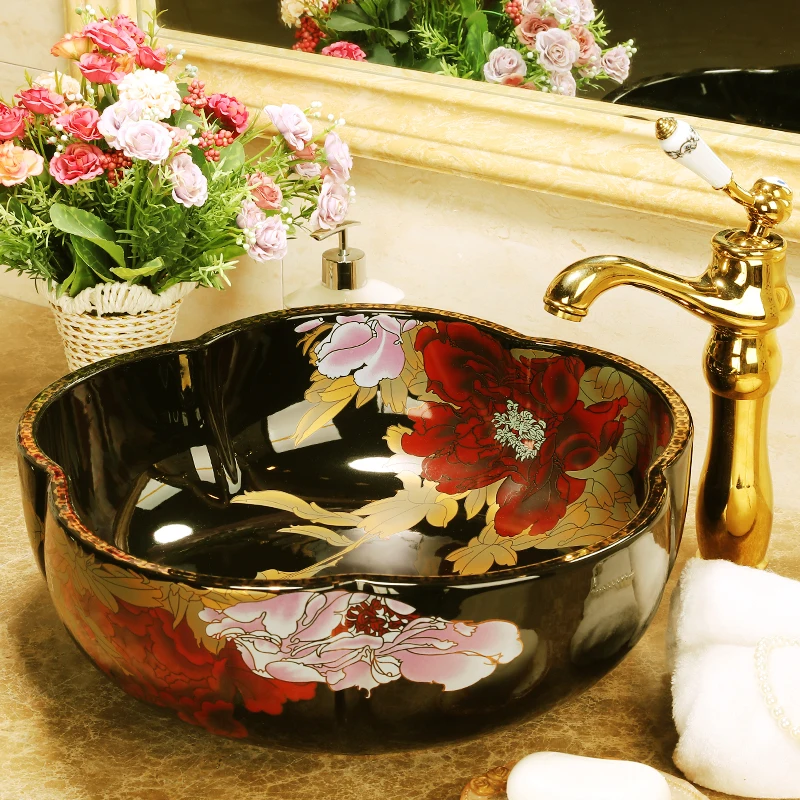 Flower Shape China Handmade Lavabo Ceramic Washbasin Europe Luxurious Artistic Bathroom Sink chinese ceramic wash basin sinks   (2)