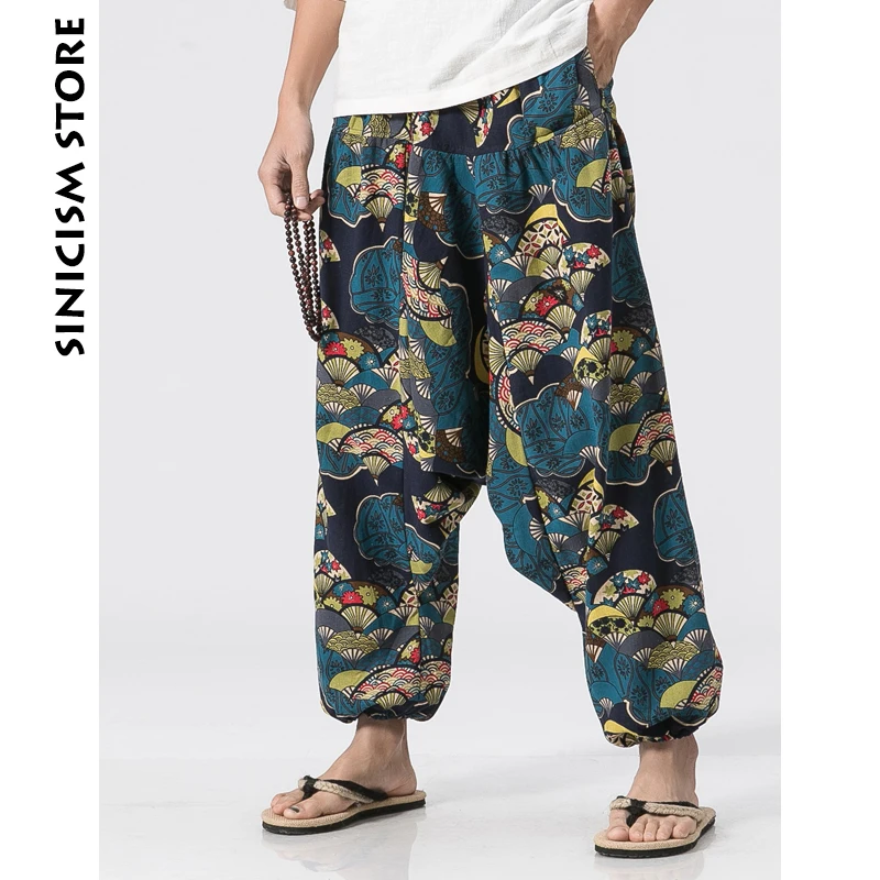 

Sinicism Store Cotton Linen Harem Cross Pants Men Jogger Pants Male Summer Floral Print Hawaii Beach Pants Trousers 2019