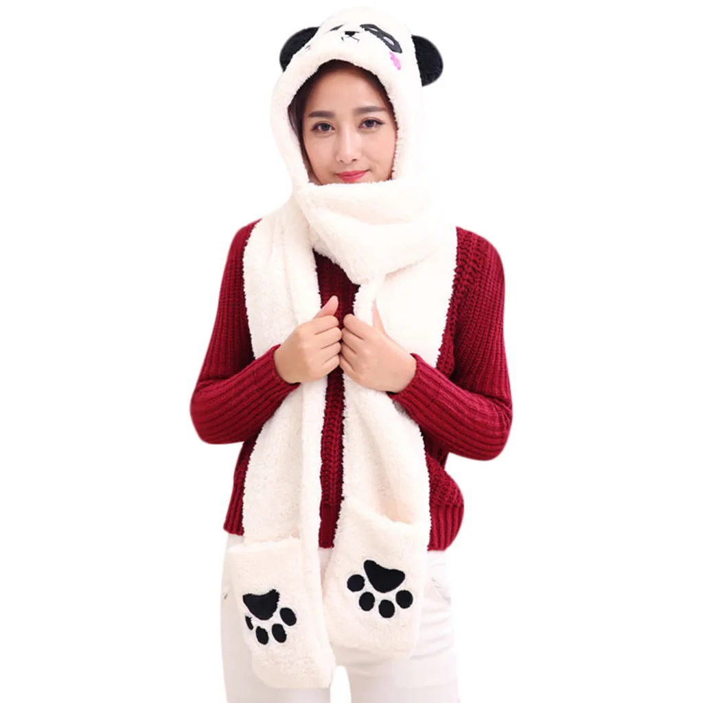 

Ladies Panda Cartoon Warm Fluffy Hood Scarf Hat Snood Pocket Hats Gloves Ears gloves women touch screen gift for women 18Nov