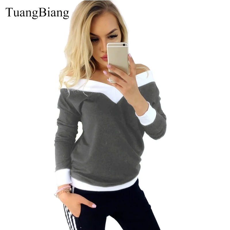 

2020 Women Long Sleeve Spring Deep V-Neck T Shirts Patchwork Off Shoulder Cotton Tee Ladies T-Shirt Panelled Summer Sexy TShirts