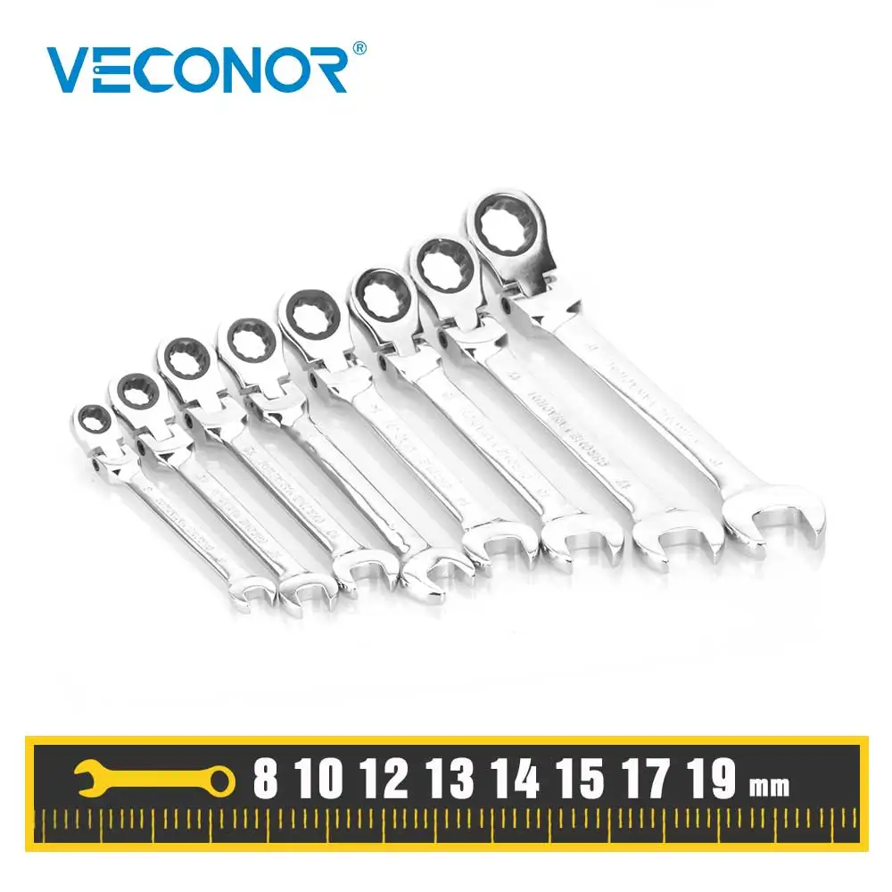 

8-19mm Flexible Head Ratcheting Combination Wrench Set Repair Hand Tools Full Polished Handle Ratchet Wrenches Kit A Set of Keys