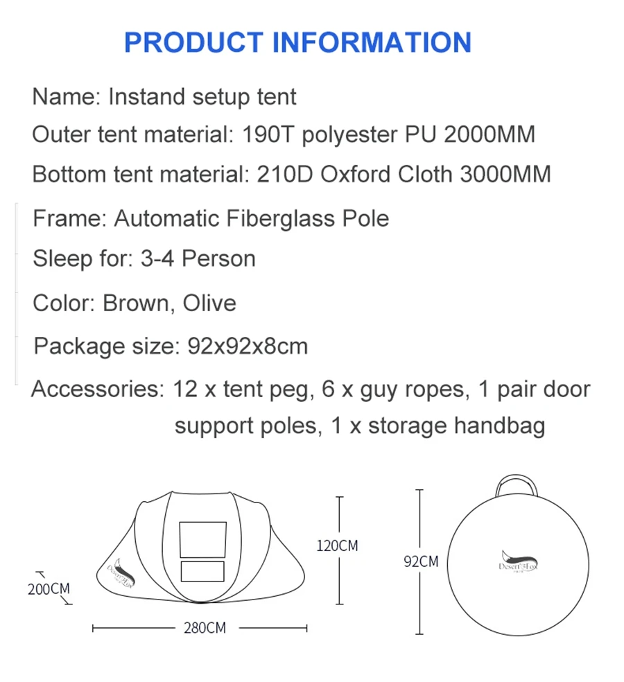 Água para Hinking Tenda ao ar Deserto & Fox Automático Tenda Pop up 3 temporada 4 4 Pessoa Configuração Instantânea Livre Tenda à Prova d' Acampar Viajar 3 High Quality Esporte e Lazer